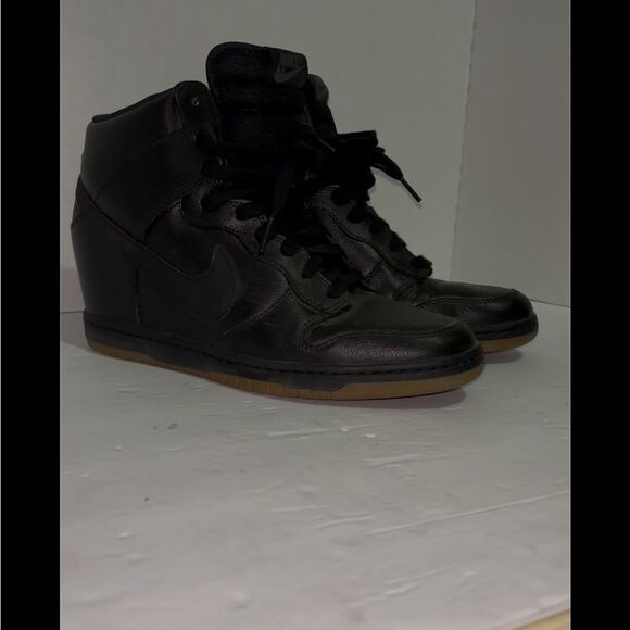 NIKE Dunk Sky Hi Hidden Sz US W10 Triple Black Leather Wedge Heal high top cut - Picture 1 of 10